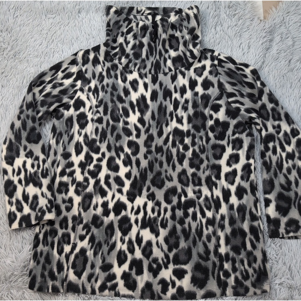 Susan Graver Sweatshirt Womens L Gray Animal Print Pockets Funnel Neck Soft